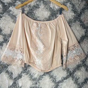 Express Womens Cropped Blouse Lace Trim Cream Boho Bell Sleeves,Size M